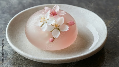 Delicate Pink Jelly Dessert with Cherry Blossoms on Elegant Ceramic Plate, Beautiful Floral Presentation for Gourmet Culinary Art Displays or Romantic Settings