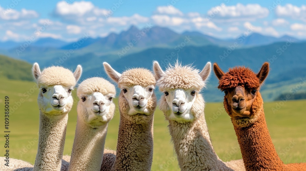 Obraz premium A charming group of fluffy alpacas roam a stunning mountain landscape, showcasing the beauty of nature and cuteness.