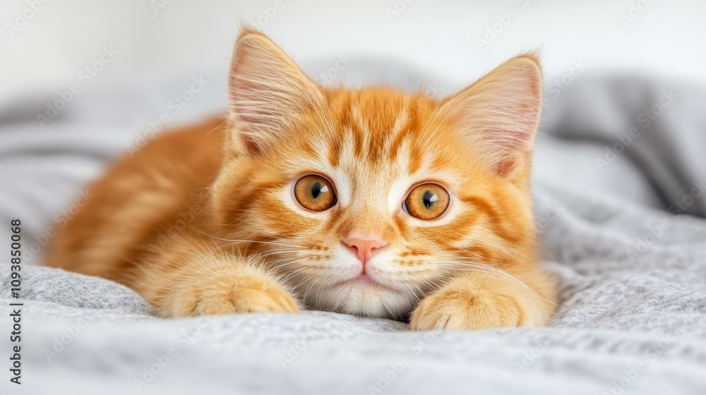 A playful orange tabby kitten relaxes on a soft gray comforter, embodying curiosity in a warm home setting. A playful orange tabby kitten relaxes on a soft gray comforter, embodying curiosity in a warm home setting.