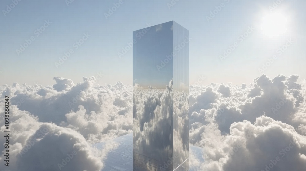 Fototapeta premium Reflection Tower Among Fluffy Clouds in Blue Sky