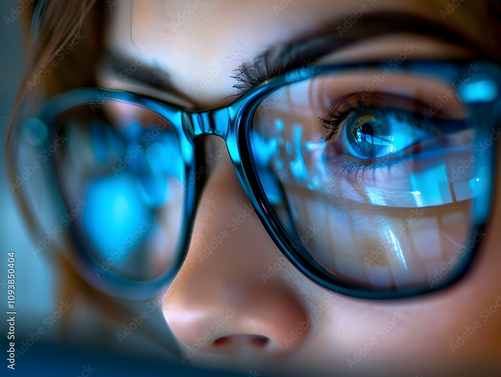 Close up view of focused business person wears computer glasses, looking at pc screen with computer reflection using internet, reading, watching, working online late. Close up view of focused business person wears computer glasses, looking at pc screen with computer reflection using internet, reading, watching, working online late.