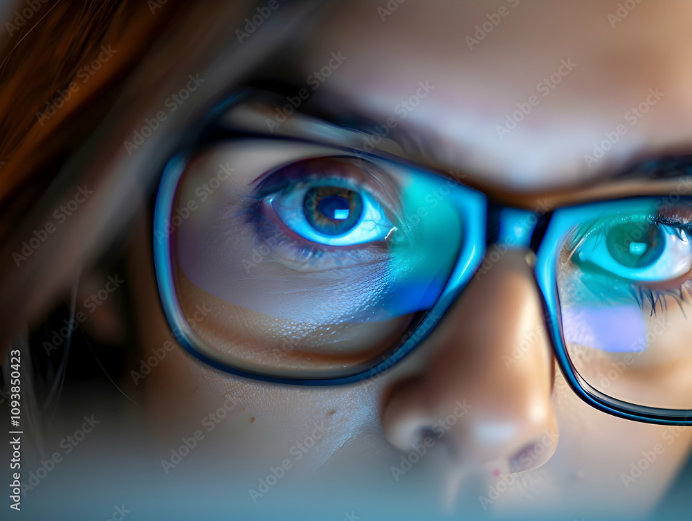 Close up view of focused business person wears computer glasses, looking at pc screen with computer reflection using internet, reading, watching, working online late. Close up view of focused business person wears computer glasses, looking at pc screen with computer reflection using internet, reading, watching, working online late.