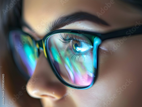 Close up view of focused business person wears computer glasses, looking at pc screen with computer reflection using internet, reading, watching, working online late.