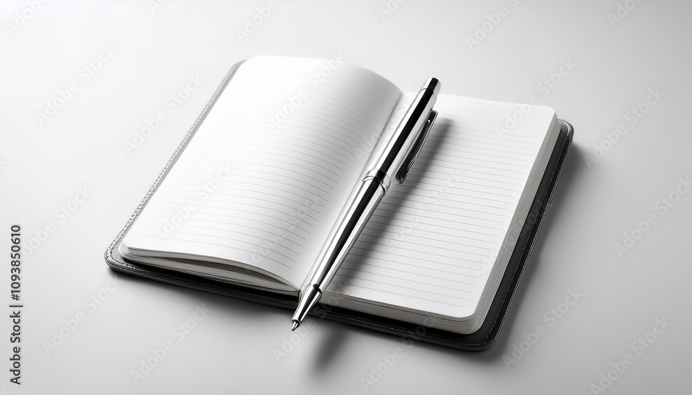 Modern metal pen placed on a blank notebook with a clean white background Modern metal pen placed on a blank notebook with a clean white background