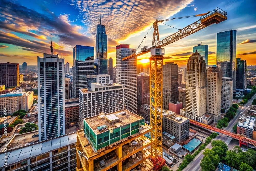 Fototapeta premium Constructing the Future: A Documentary View of a Construction Crane Against the Backdrop of Majestic Tall Buildings in an Urban Landscape