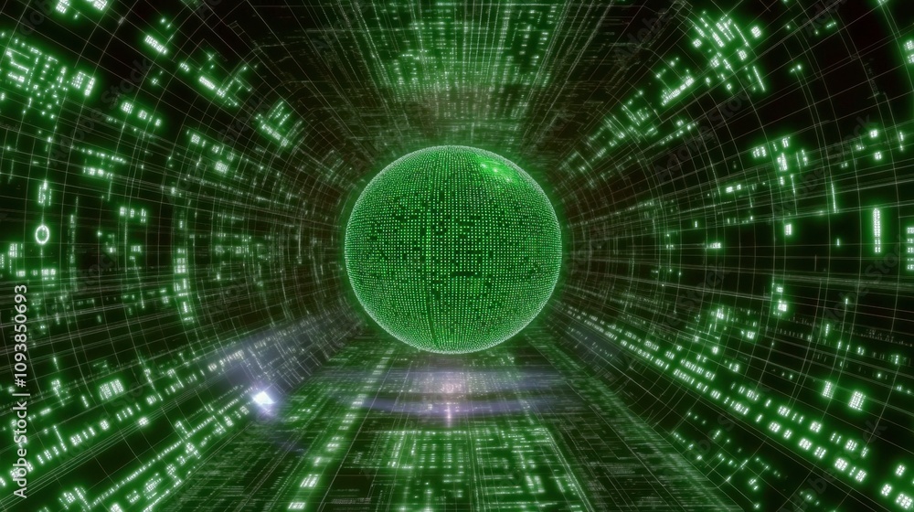 Fototapeta premium Futuristic Green Digital Sphere in Virtual Tunnel