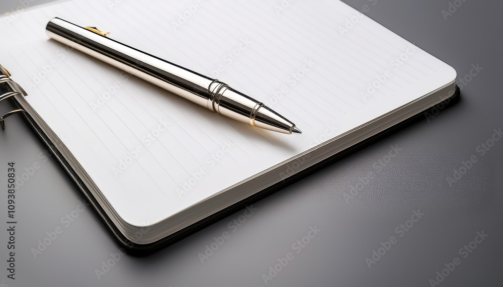 Modern metal pen placed on a blank notebook with a clean white background Modern metal pen placed on a blank notebook with a clean white background