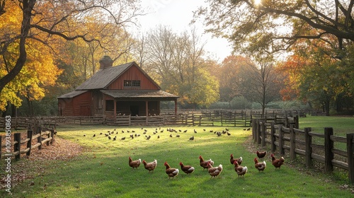 Scenic Autumn Farm Landscape with Cozy Barn and Free-Range Chickens under Golden Sunlight Surrounded by Lush Trees and Vibrant Foliage in a Serene Rural Setting photo