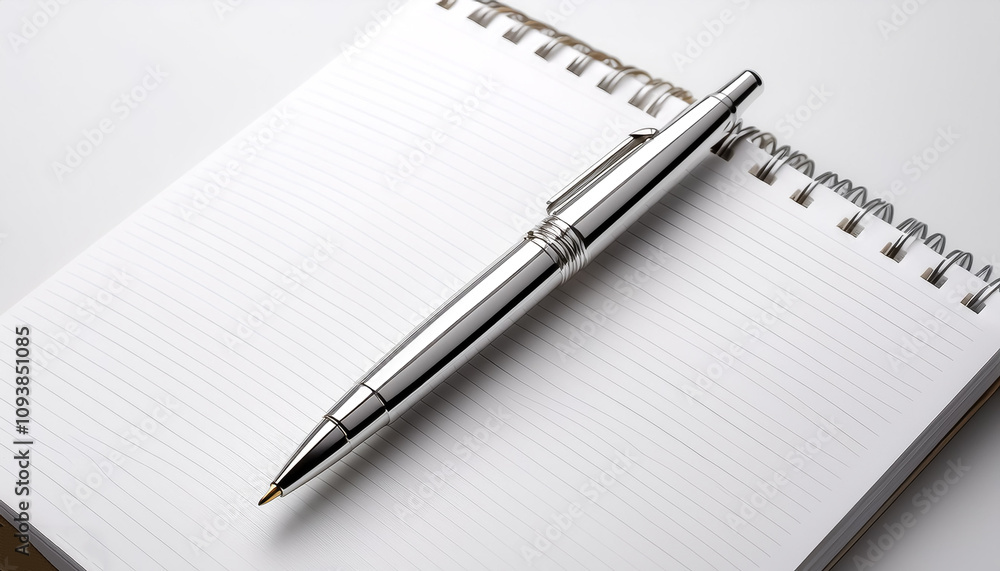 Modern metal pen placed on a blank notebook with a clean white background Modern metal pen placed on a blank notebook with a clean white background