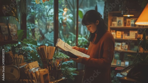 Young Woman Reading in Cozy Bookstore Environment