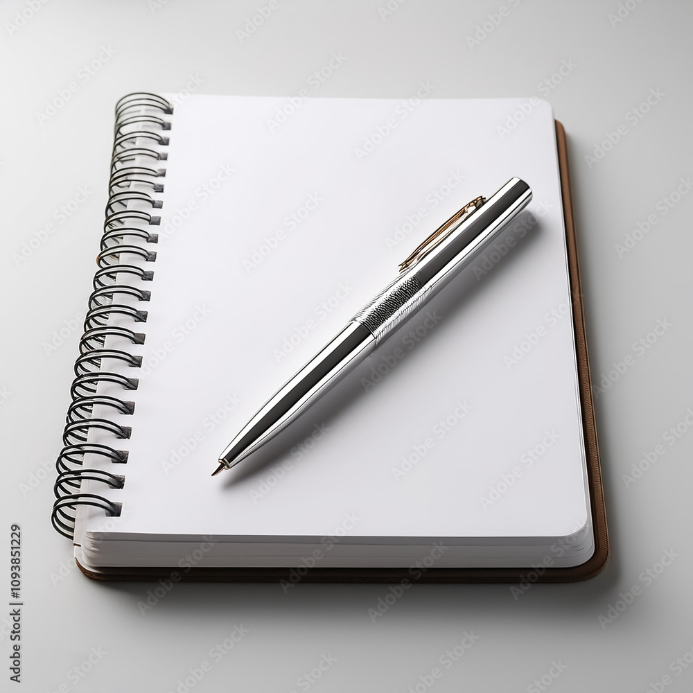 Modern metal pen placed on a blank notebook with a clean white background Modern metal pen placed on a blank notebook with a clean white background