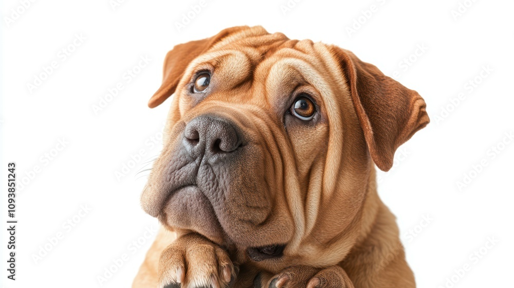 Thoughtful shar pei with wrinkly skin pondering on a white background – captivating pet portraits in minimalist settings Thoughtful shar pei with wrinkly skin pondering on a white background – captivating pet portraits in minimalist settings