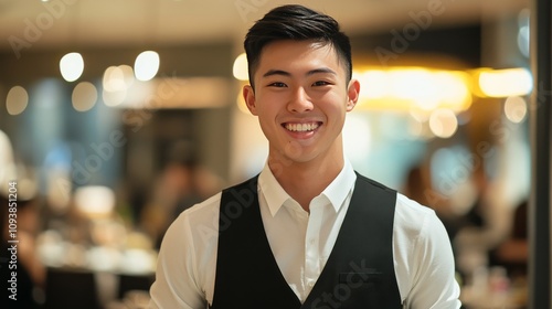 A professional young waiter in formal attire holds a tray of food and smiles in a friendly manner.