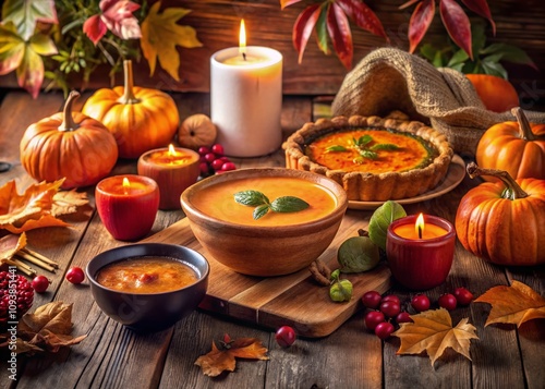 Cozy autumn food scene featuring a rustic wooden table adorned with seasonal dishes, vibrant leaves, and warm lighting that captures the essence of fall flavors and comfort.