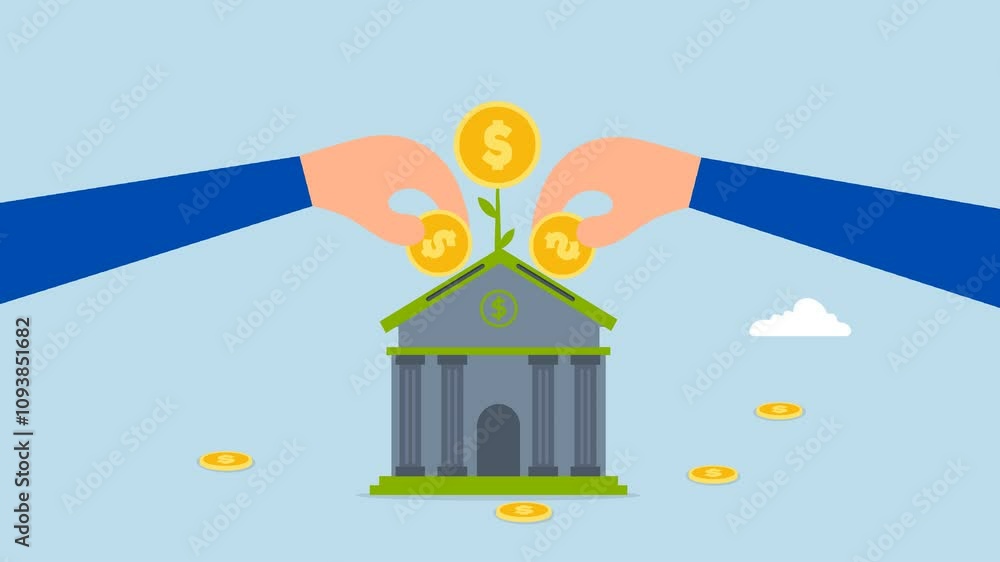Mutual funds investment, 4k animation of businessman hand put coin into bank growing money plant.