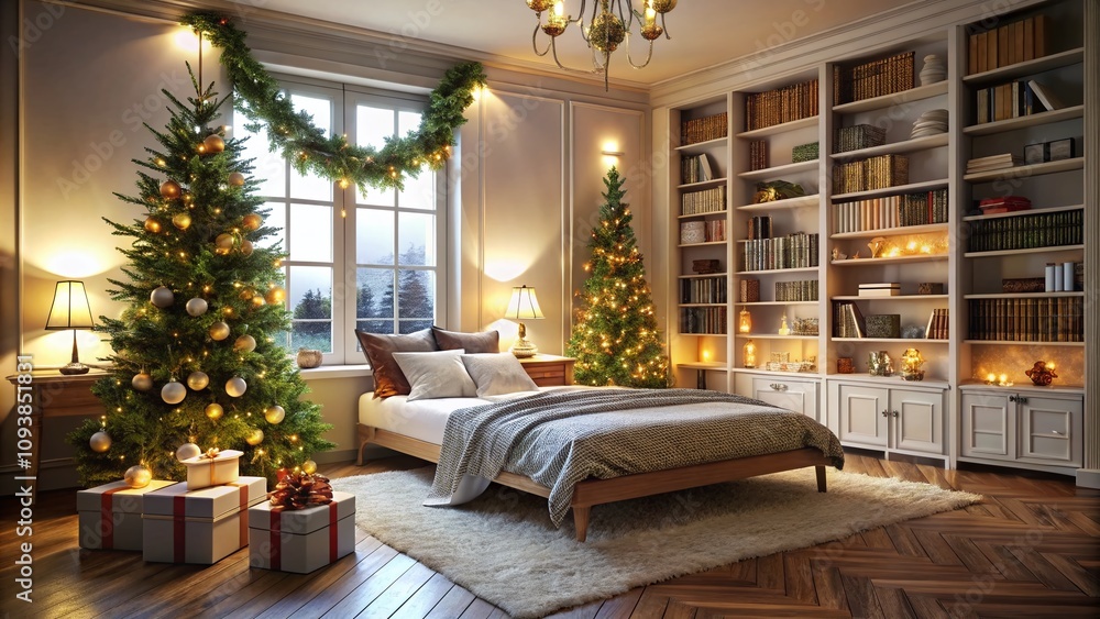 Cozy Christmas Bedroom Decor with Gleaming Garland and Bookshelves, White Room Ambience, Perfect for New Year Celebrations and Festive Atmosphere Cozy Christmas Bedroom Decor with Gleaming Garland and Bookshelves, White Room Ambience, Perfect for New Year Celebrations and Festive Atmosphere