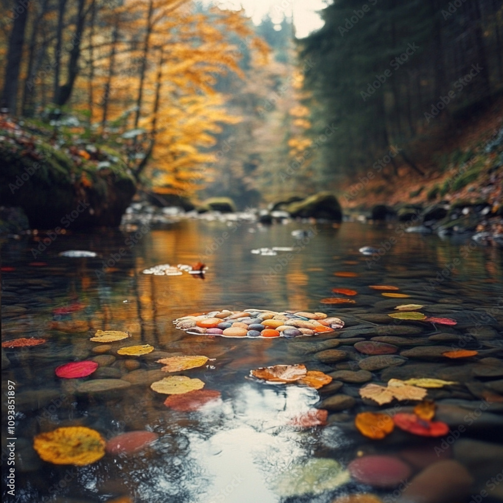 Valley in the forest, autumn leaves falling on water with colorful stones submerged in it Valley in the forest, autumn leaves falling on water with colorful stones submerged in it