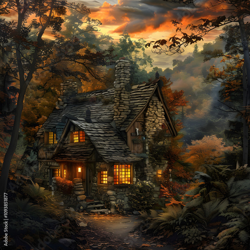 Rustic Cottage at Sunset: A Serene Tale of Woodland Tranquility