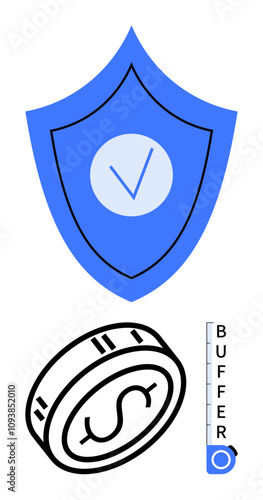 Blue shield with checkmark, dollar coin, and buffer meter. Ideal for financial planning, investment strategies, savings protection, economic security, risk management budgeting insurance. Line