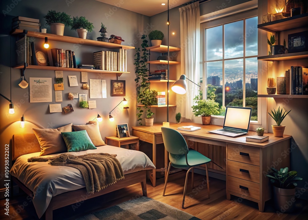 Cozy Dorm Room Atmosphere with Students Studying Under a Desk Lamp, Highlighting Focus and Productivity in a Quiet Learning Environment Cozy Dorm Room Atmosphere with Students Studying Under a Desk Lamp, Highlighting Focus and Productivity in a Quiet Learning Environment