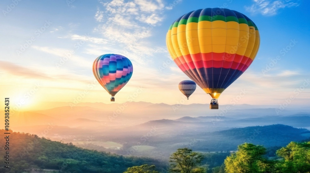 Fototapeta premium Colorful Hot Air Balloons Over Scenic Landscape
