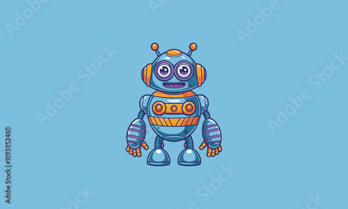 Colorful cartoon robot with big eyes and antennas