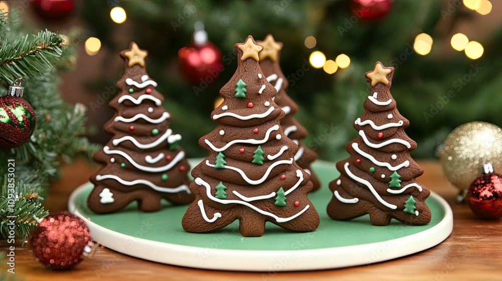 Festive Gingerbread Christmas Trees Decorated with Icing and Colorful Sprinkles on a Festive Plate Surrounded by Holiday Decor and Lights Festive Gingerbread Christmas Trees Decorated with Icing and Colorful Sprinkles on a Festive Plate Surrounded by Holiday Decor and Lights