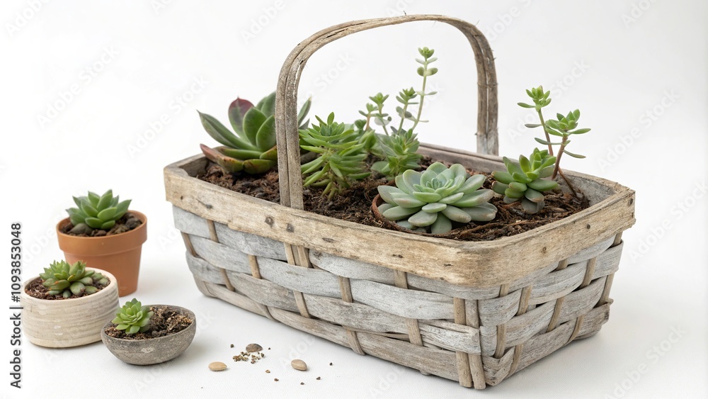 A delicate arrangement of small potted succulents in a distressed wooden woven basket on a white background, natural textures, living room decor A delicate arrangement of small potted succulents in a distressed wooden woven basket on a white background, natural textures, living room decor