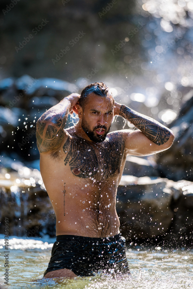 Fototapeta premium Sexy naked man with nude muscular body. Strong athletic shirtless man outdoor. Millennial caucasian Fit male model. Healthy handsome Athletic Man. Muscular man outdoor. Guy showing muscular fit body.