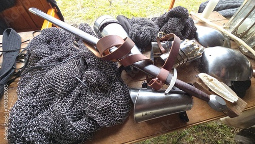 Картината върху платно Medieval armor pieces, including chainmail, steel gauntlets, shoulder plates, a sword with a leather belt, and a helm, laid on a wooden table in a historical reenactment setting