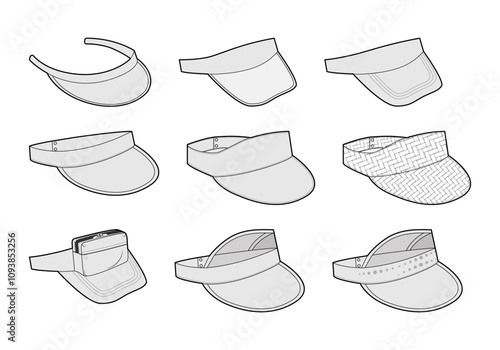 Set of Sun Visor caps - Embellished Natural Sport Transparent. Summer Head Fashion accessory hat clothing technical illustration. Vector headgear for Men women flat template CAD mockup sketch isolated
