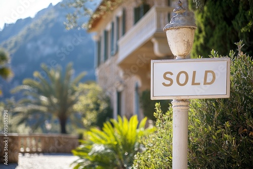  Sold sign outside Mediterranean villa with lush garden, highlighting successful real estate transaction in scenic area.