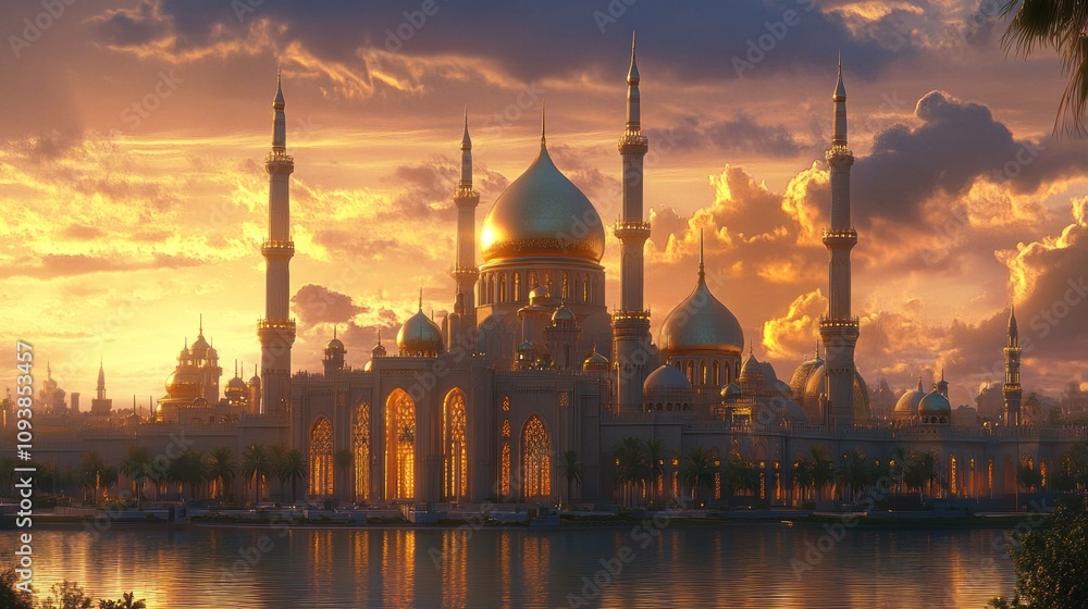 Fototapeta premium Grand mosque with towering minarets at sunset, intricate carvings and golden domes, warm lighting
