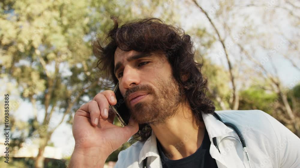 Male Doctor Receives Sad News Talking On The Phone Outside The Hospital Male Doctor Receives Sad News Talking On The Phone Outside The Hospital