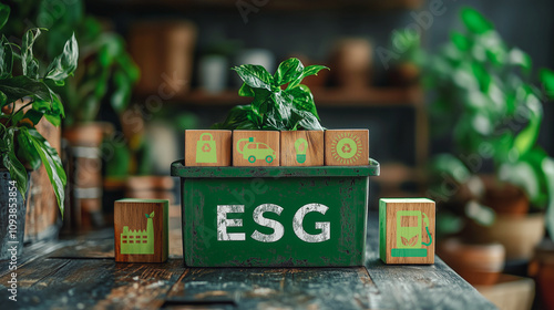 ESG commitment: Wooden blocks depict ESG (Environmental, Social, Governance) elements among green plants, emphasizing sustainable and ethical business values.