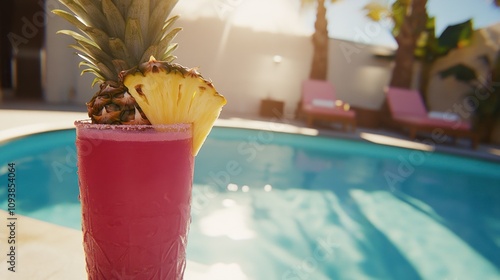 Tropical Cocktail by the Poolside at Sunset