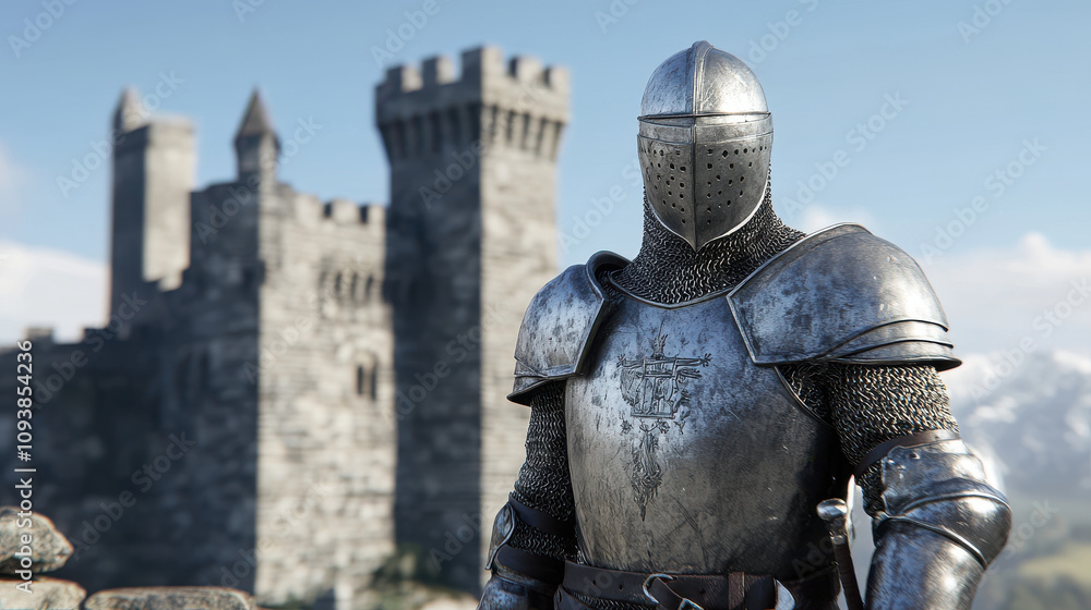 medieval knight in shining armor stands proudly before castle medieval knight in shining armor stands proudly before castle
