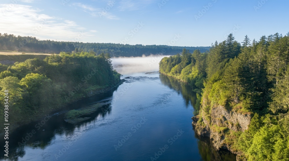 Fototapeta premium Serene River Landscape with Misty Morning Atmosphere