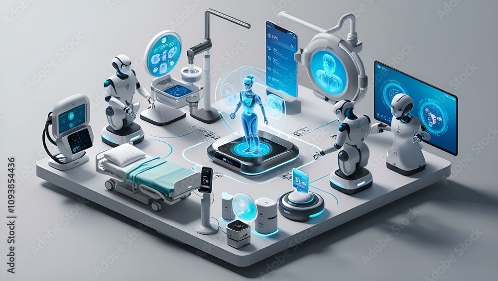 A futuristic hospital scene showcasing AI robots assisting surgeons, providing telemedicine, monitoring patients, and enhancing overall healthcare A futuristic hospital scene showcasing AI robots assisting surgeons, providing telemedicine, monitoring patients, and enhancing overall healthcare