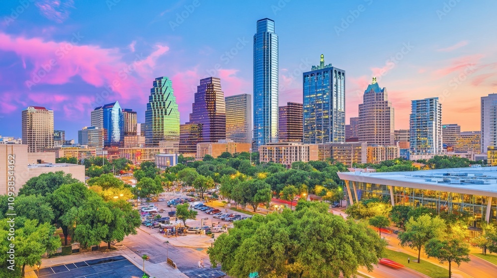 Fototapeta premium Vibrant City Skyline at Dusk with Colorful Sunset