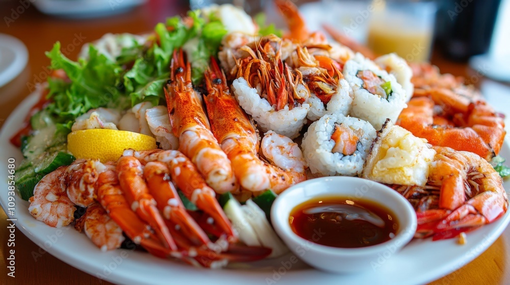 Fresh Seafood Platter with Shrimp, Sushi, and Garnish Served on a White Plate Surrounded by Colorful Ingredients for a Delicious Culinary Experience Fresh Seafood Platter with Shrimp, Sushi, and Garnish Served on a White Plate Surrounded by Colorful Ingredients for a Delicious Culinary Experience