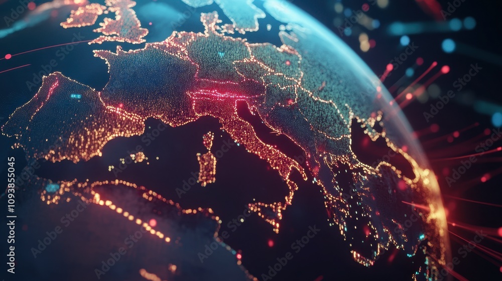 Detailed View of Europe With Light Trails and Data Flow Detailed View of Europe With Light Trails and Data Flow