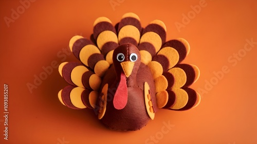 A turkey made of orange, brown, and yellow felt resting flat on an orange background with text space photo