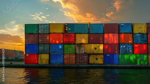 A container ship with colorful containers moored at the harbor at sunset.