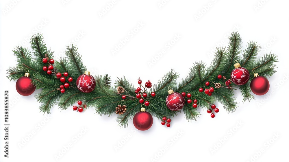Bauble on Green Christmas Fir Tree frame on white background - Generative AI Bauble on Green Christmas Fir Tree frame on white background - Generative AI