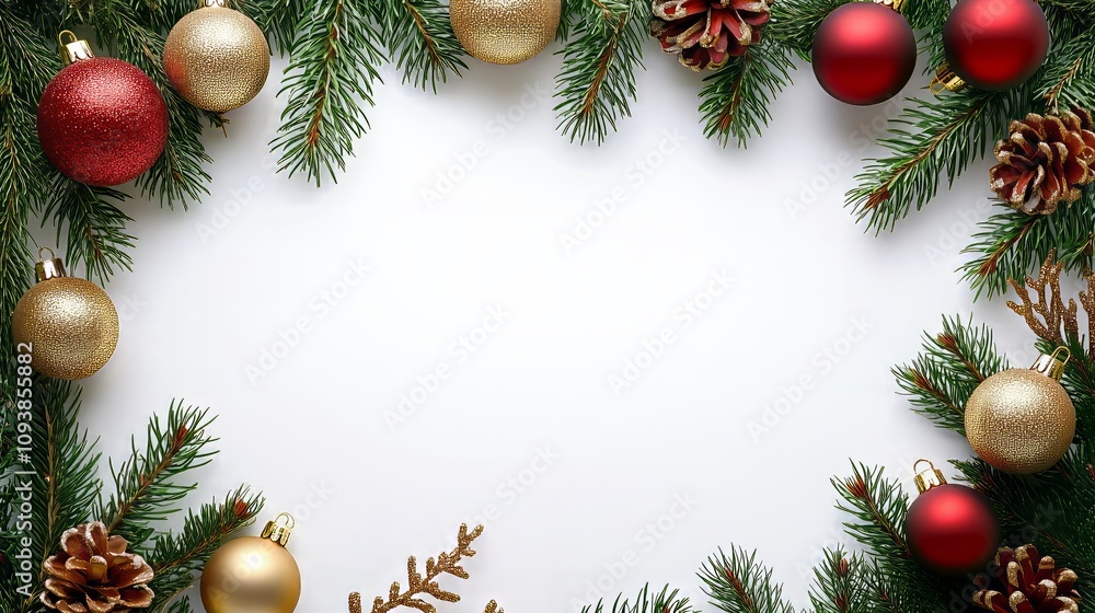 Bauble on Green Christmas Fir Tree frame on white background - Generative AI Bauble on Green Christmas Fir Tree frame on white background - Generative AI