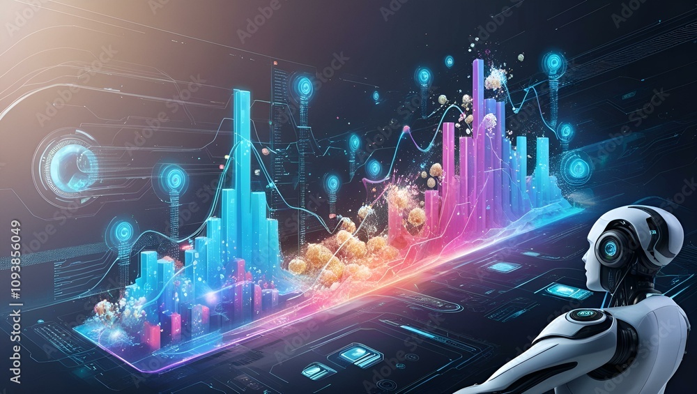 Fototapeta premium A futuristic image depicts a robot observing holographic financial data visualizations, including graphs, charts, and market indicators. AIdriven analytics are suggested.