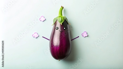 Cute Doodle Cartoon Illustration of an Eggplant Fruit and Vegetable in Minimalist Style with a Whimsical Touch for Food and Gardening Themes photo