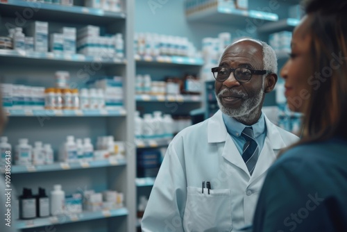 Experienced pharmacist providing expert advice to a woman in a pharmacy, surrounded by shelves of medication and health products in a welcoming environment.