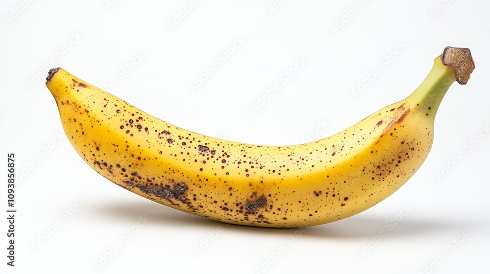 Ripe yellow banana with brown spots on white background. Ripe yellow banana with brown spots on white background.